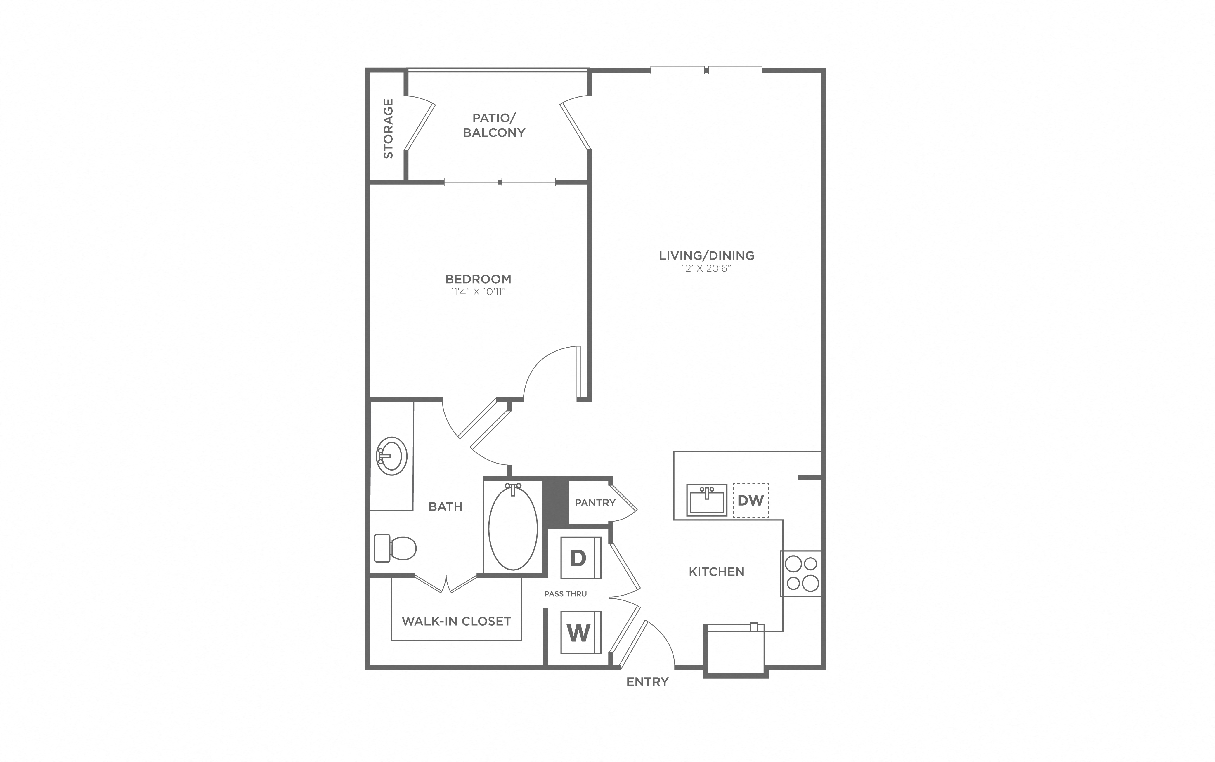 Floor plan for 1 bed, 1 bath, 708 sqft